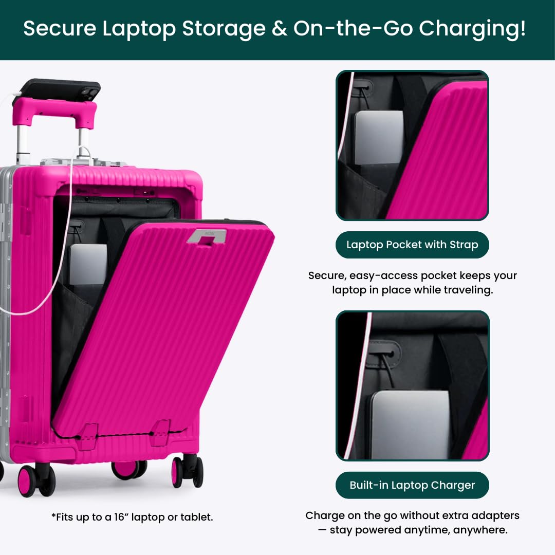 HOT PINK Travel Carry On Luggage with USB Charging Port, Cup & Phone Holder
