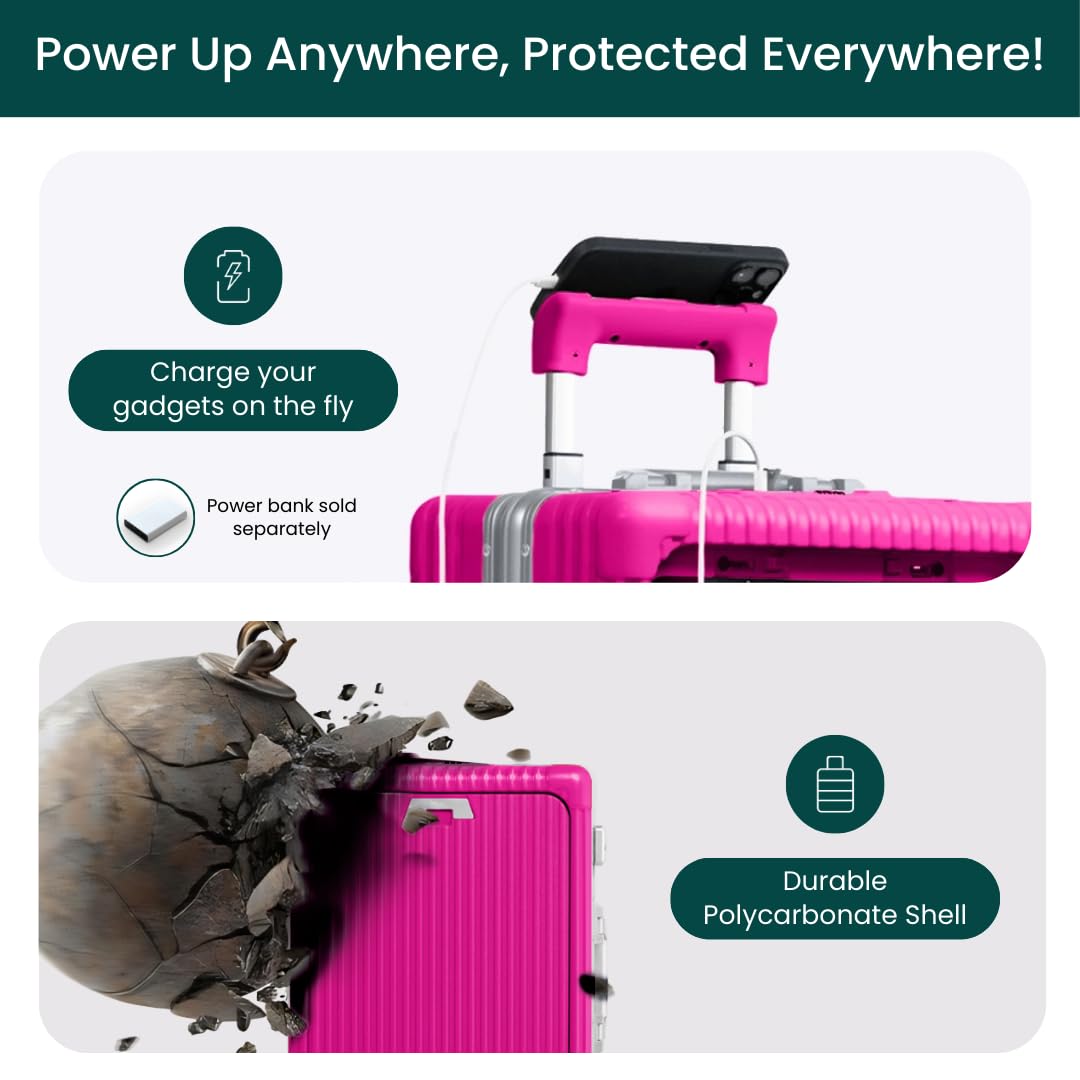 HOT PINK Travel Carry On Luggage with USB Charging Port, Cup & Phone Holder