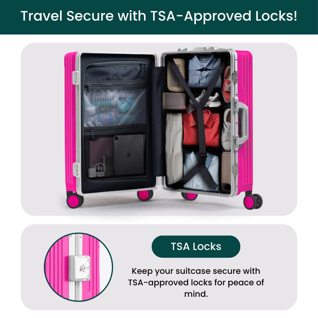 HOT PINK Travel Carry On Luggage with USB Charging Port, Cup & Phone Holder