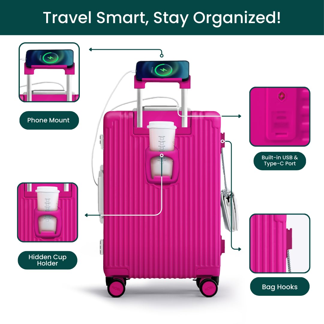 HOT PINK Travel Carry On Luggage with USB Charging Port, Cup & Phone Holder