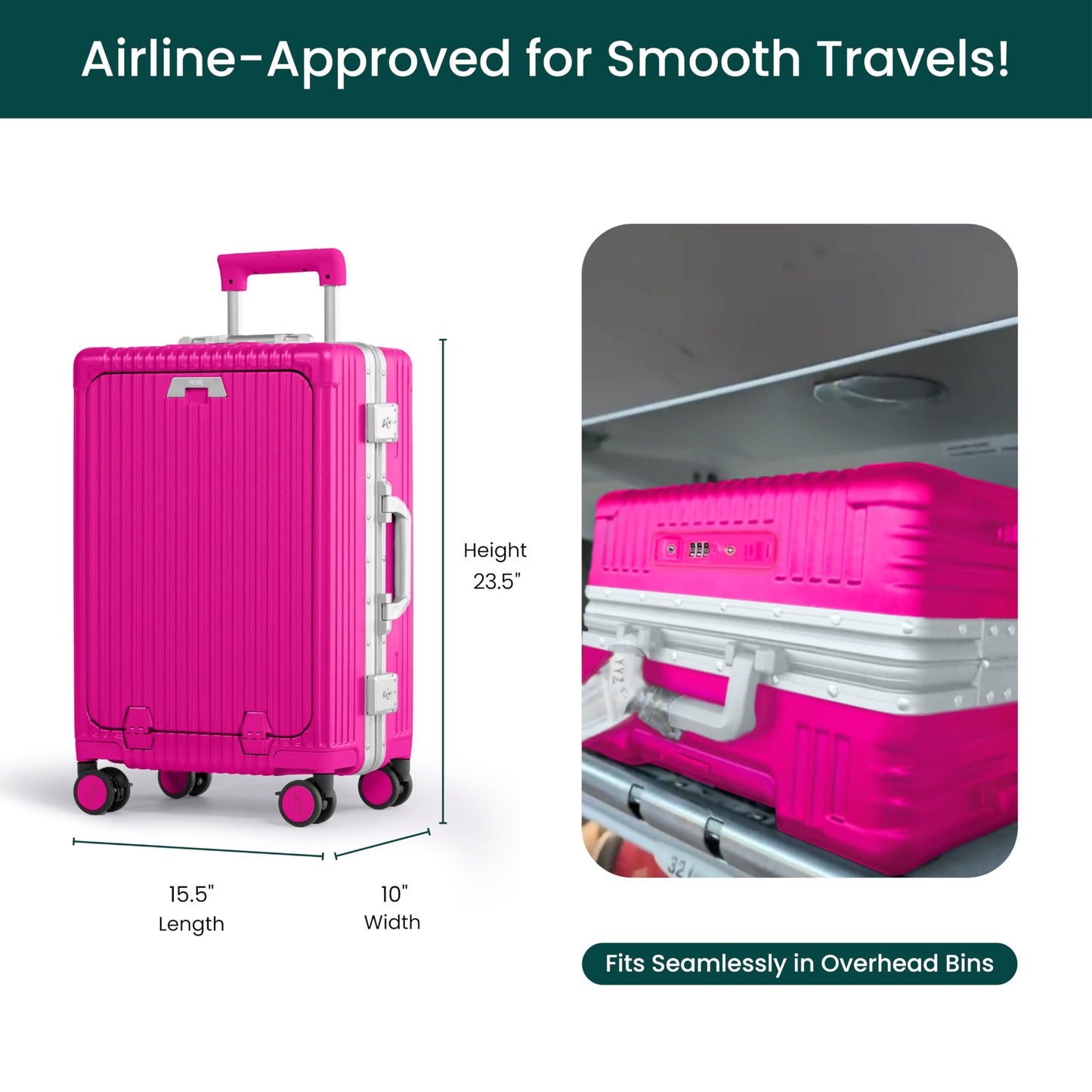 HOT PINK Travel Carry On Luggage with USB Charging Port, Cup & Phone Holder