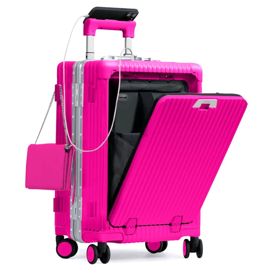 HOT PINK Travel Carry On Luggage with USB Charging Port, Cup & Phone Holder