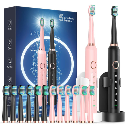 2 Rechargeable Electric Toothbrushes with 12 Brush Heads & 2 Travel Case